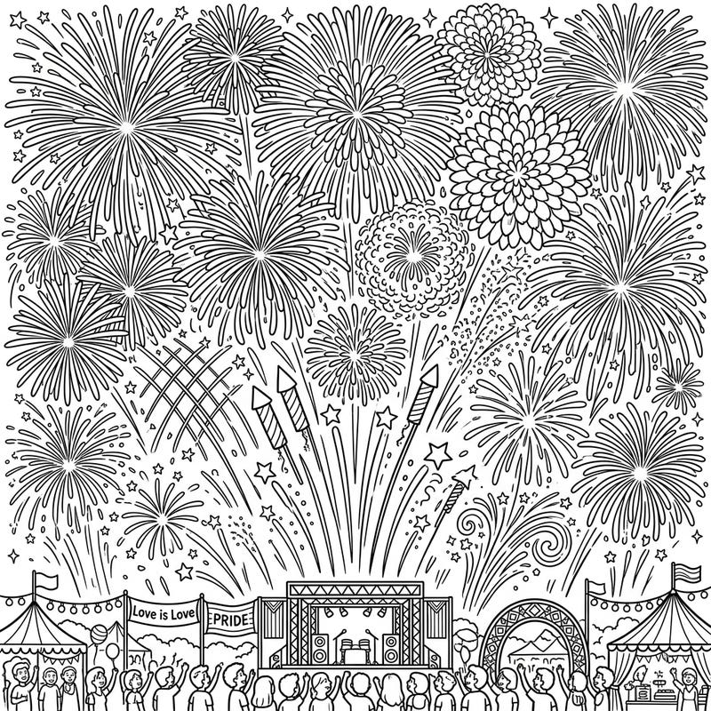 Experience the thrill of a vibrant celebration with this detailed festival pyrotechnics coloring page. The sky explodes with dazzling fireworks above a cheering crowd and festive Pride flags, inviting you to add a burst of color to this joyous scene.