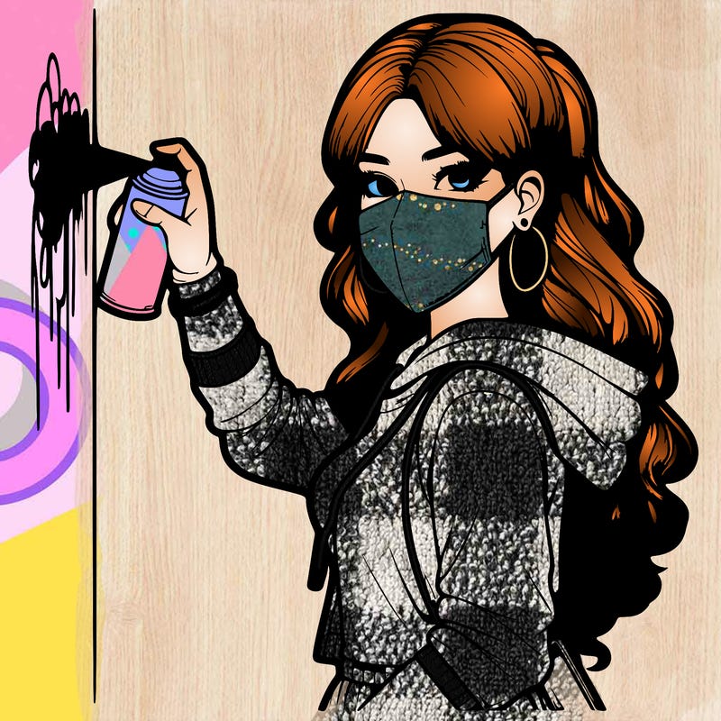 realistic girl with mask spray painting a wall