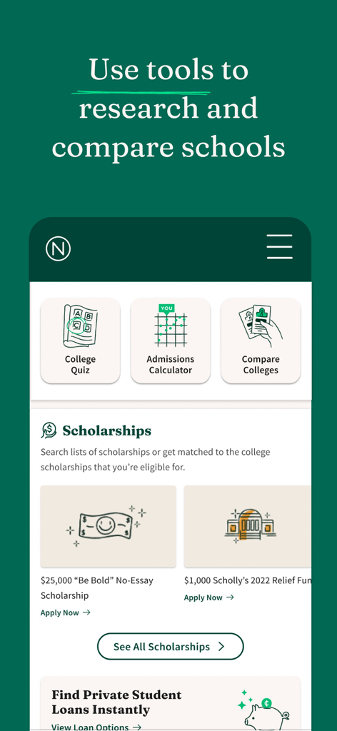 The Niche app interface featuring college research tools and scholarship search results