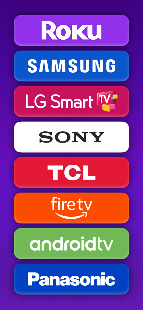 Logotipos de marcas de smart TV compatibles, incluyendo Roku Samsung LG Sony TCL Fire TV Android TV y Panasonic