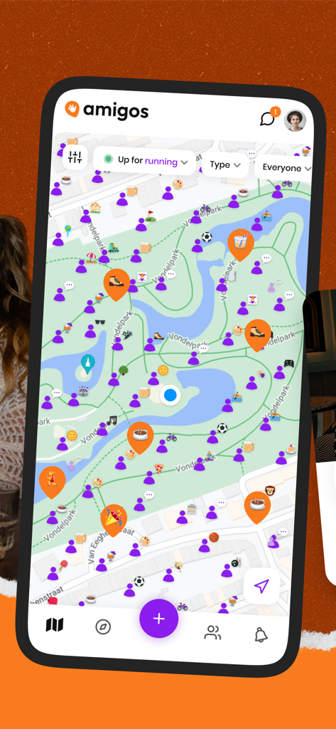 Amigos - Meet fun people - ランニングや飲み会などのローカルソーシャルアクティビティを表示するユーザーと、Amigosアプリのマップベースのインターフェース。