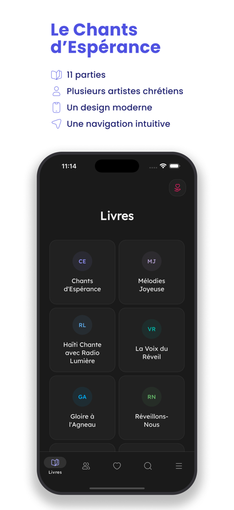 Le Chants d'Espérance - Screenshot of Le Chants d'Espérance mobile app showing a list of Haitian Christian hymn books like Melodies Joyeuse.