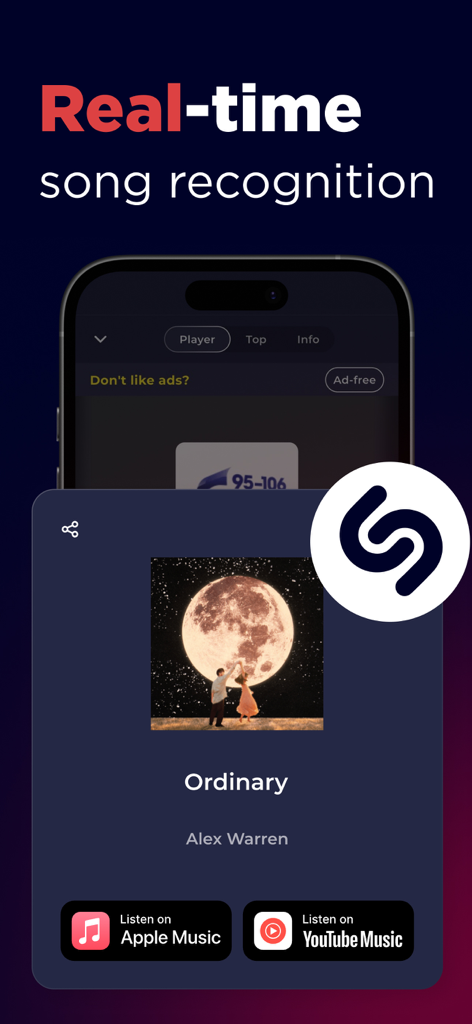 Real-time song identification in the Radio UK app with Shazam integration and streaming links.