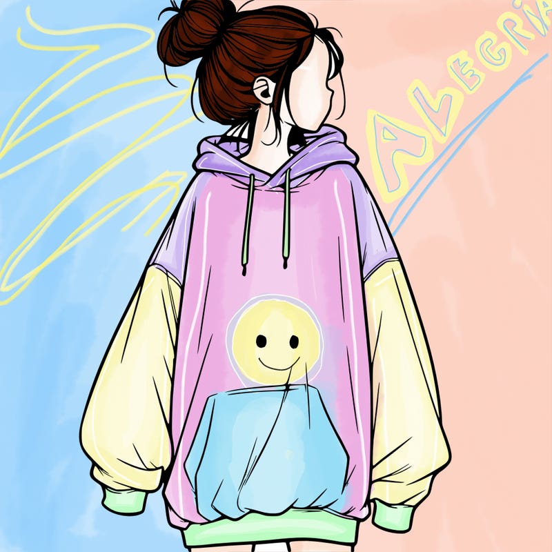 realistic girl with a oversized sweatshirt on and a bun