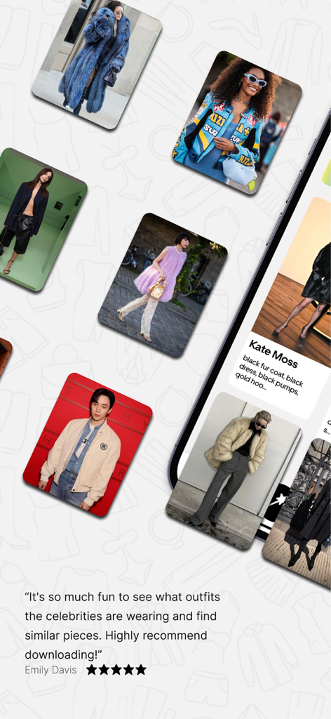 Outfit Check - Fashion Finder - A collage of celebrity outfits and a five star user review for the Outfit Check app