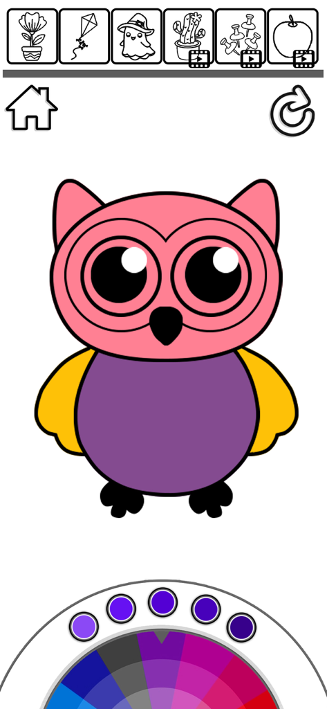 Color By memory: Coloring Book - Interactive coloring page featuring a cute pink and purple owl with a color wheel at the bottom