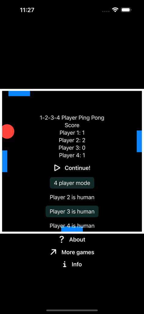 1-2-3-4 Player Ping Pong - Score screen and game settings for 1 2 3 4 Player Ping Pong showing player scores and mode selection