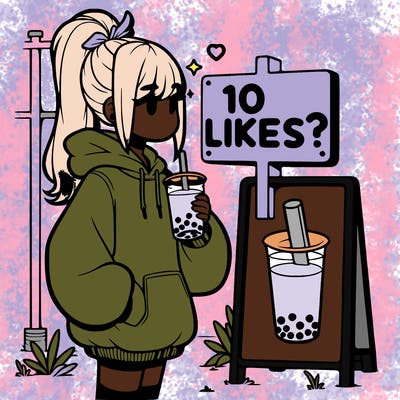 girl with oversized hoodie drinking boba and she has a high ponytail with a sign that says 10likes?