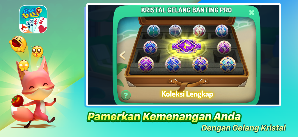 Capsa Banting ZingPlay - スーツケースの中のクリスタル報酬のコレクションと漫画のキツネのマスコットが表示されたCapsa Banting ZingPlayゲーム画面。