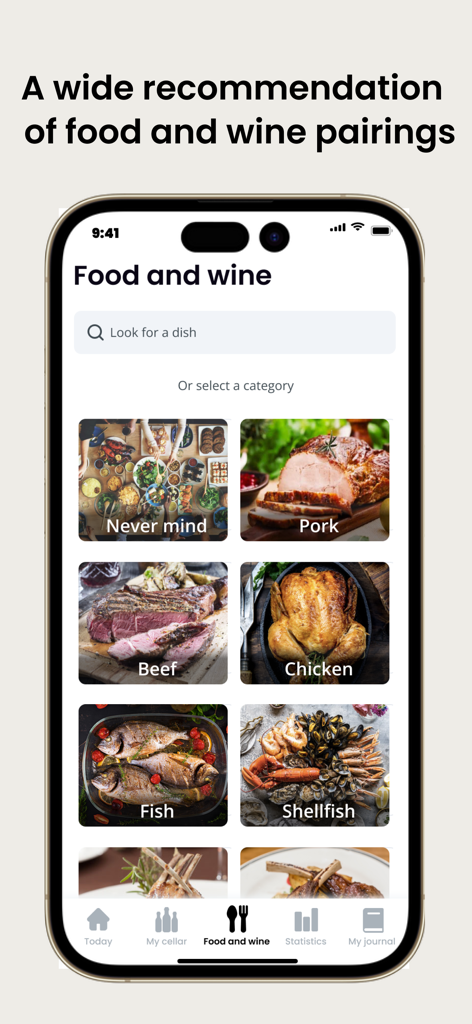 Oeni: #1 Wine Cellar Manager - Oeniアプリのインターフェース。牛肉、鶏肉、貝類など、幅広い食品とワインのペアリングカテゴリが表示されています。