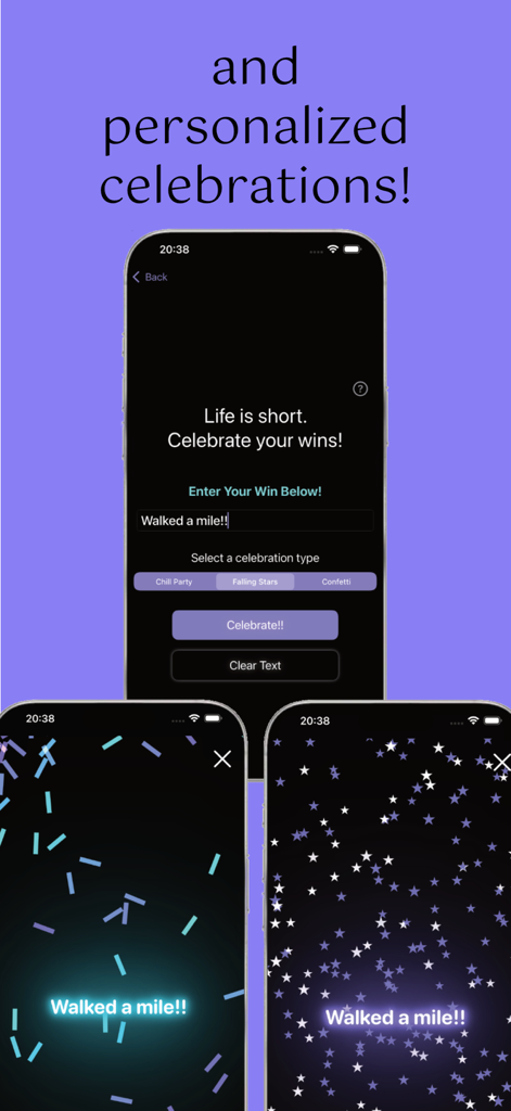 Interface do aplicativo BariGood mostrando telas de celebração personalizadas com confetes e estrelas cadentes por atingir metas de saúde como caminhar uma milha.