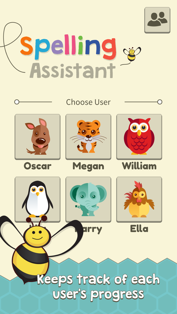 Spelling Assistant : Helping you ace the spelling bee! - User selection screen of the Spelling Assistant app featuring cute animal avatars for multiple children to track their progress.