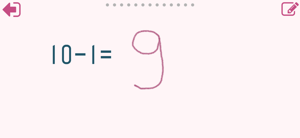 Math Shot Add and Subtract 20 - Subtraktionsaufgabe 10 minus 1 mit handschriftlicher Antwort 9 in der Benutzeroberfläche der Math Shot App