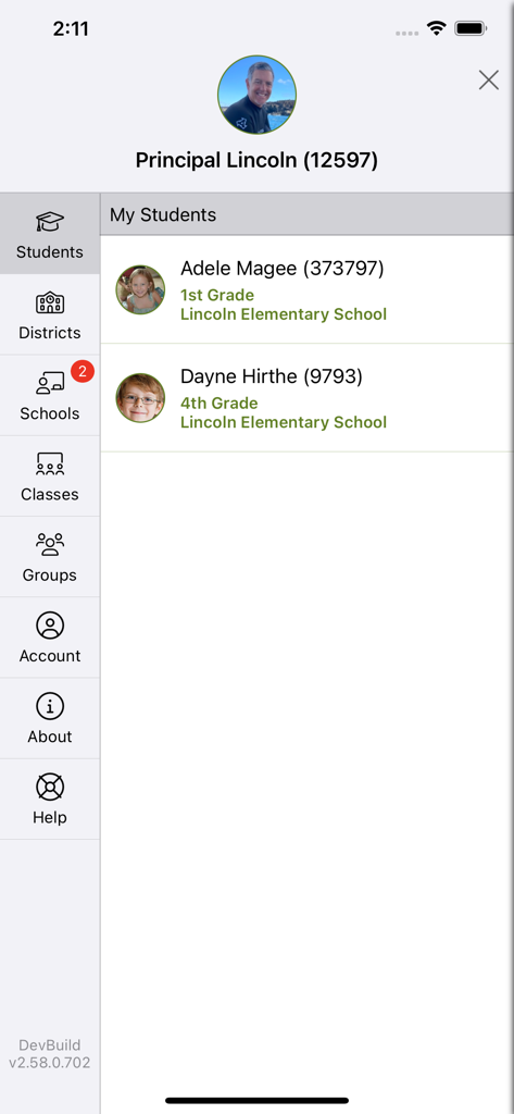 ParentSquare - ParentSquare app screen displaying a list of students with their grade levels and school information