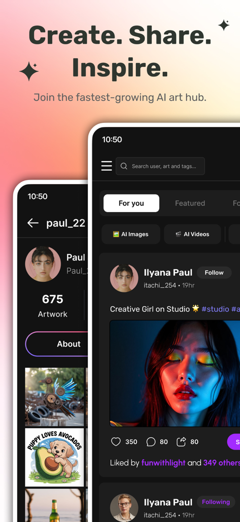 50+ AI Design Tools: MagicShot - MagicShot App-Oberfläche zeigt einen sozialen Feed und ein Benutzerprofil für KI-Kunstschaffende.