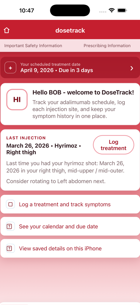 DoseTrack Injection Log - DoseTrack app dashboard displaying treatment schedule last injection site and rotation reminder