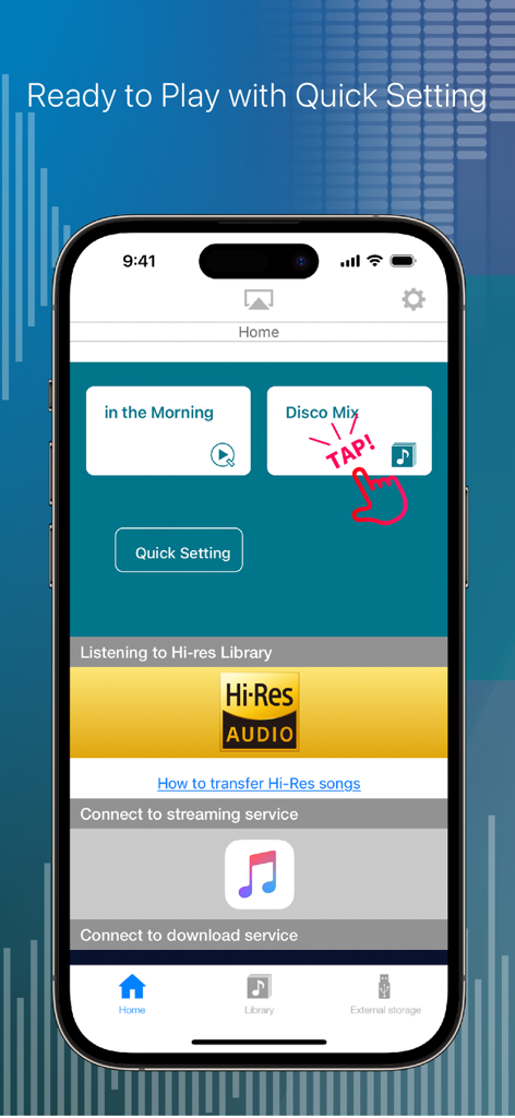 The home screen of NePLAYER showing quick settings for music playback and Hi-Res audio integration.