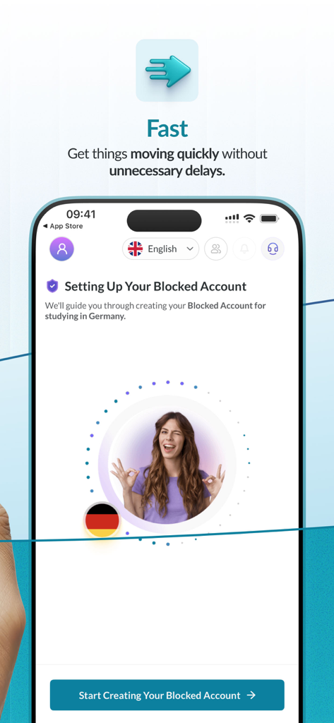 Interface de l'application mobile Fintiba montrant la configuration rapide d'un compte bloqué allemand pour les étudiants internationaux