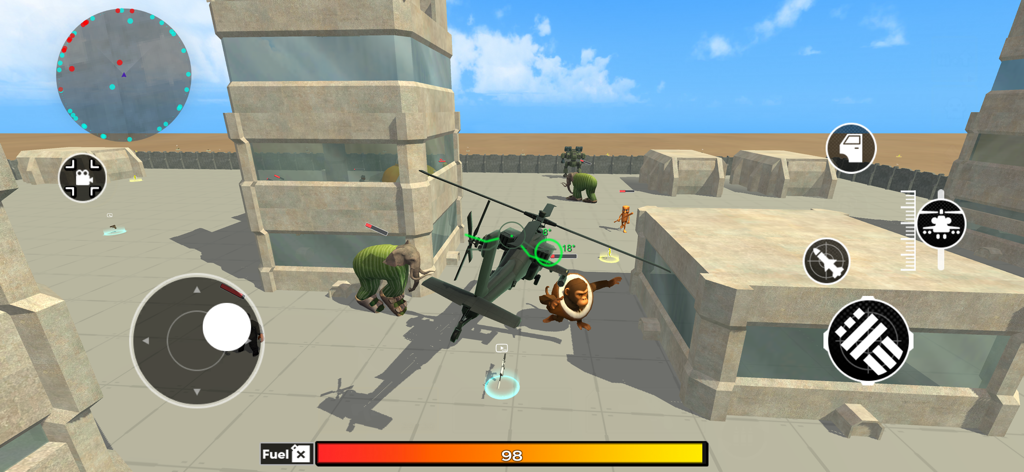 Survival in Brainrot: Shooter - Captura de pantalla del juego Survival in Brainrot Shooter con un helicóptero y monstruos de memes en un entorno urbano 3D