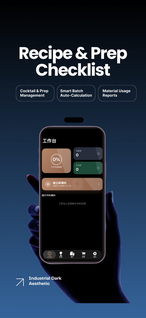 Aplicación Recipe Sync mostrando la lista de preparación de cócteles y la interfaz estética industrial oscura