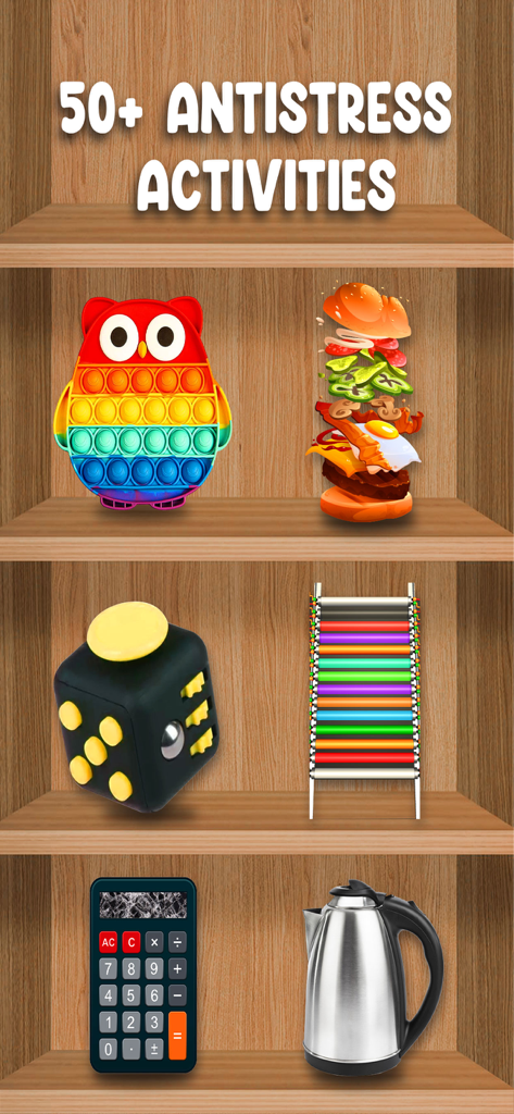 A collection of 3D fidget toys and antistress activities on wooden shelves including an owl pop it and a fidget cube