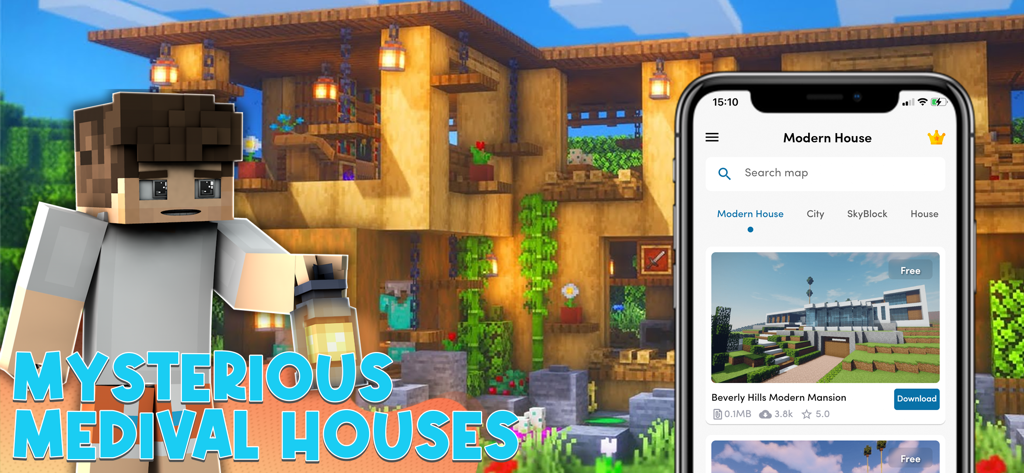 Modern Houses for Minecraft PE app interface showing medieval house maps and modern mansions