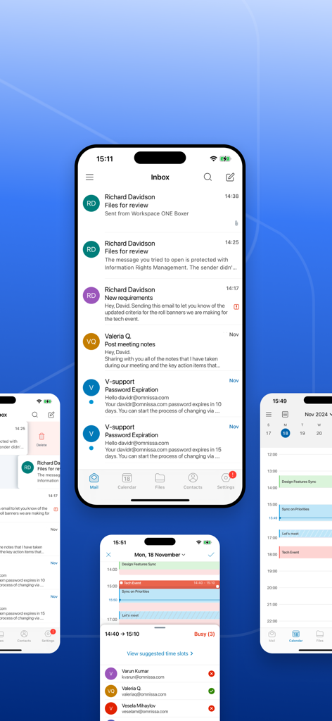 Boxer - Workspace ONE - Boxer Workspace ONE app showing email inbox and calendar features