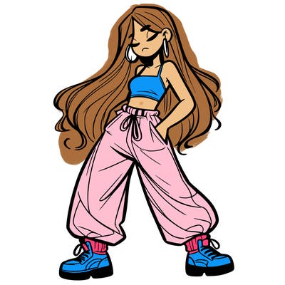 girl in baggy pants crop top and long hair