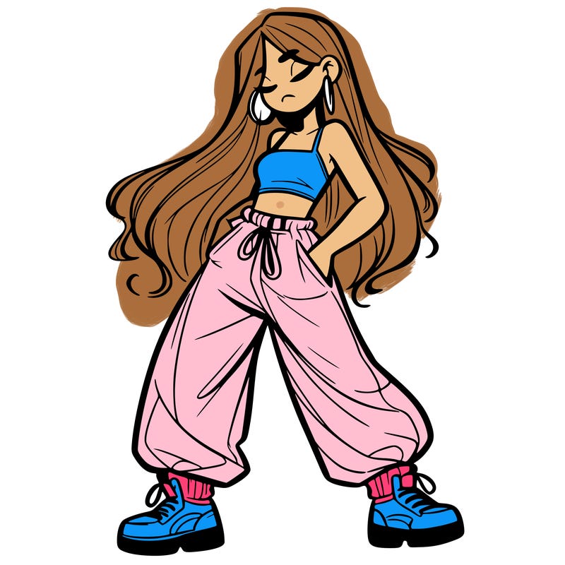 girl in baggy pants crop top and long hair