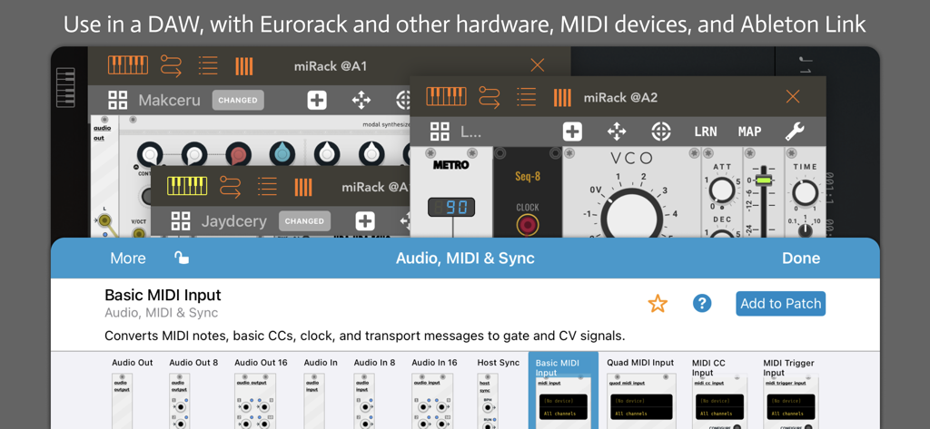 mirack app interface showing audio midi and sync integration with external hardware