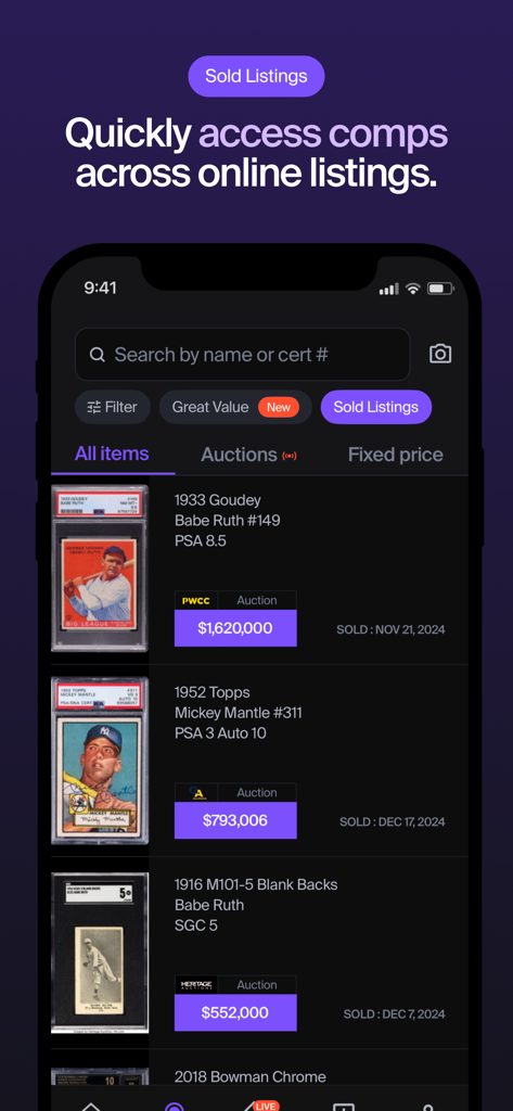 Alt: Buy & Sell Cards - Pantalla de la aplicación Alt que muestra listados vendidos y precios de mercado para cromos deportivos de alto valor