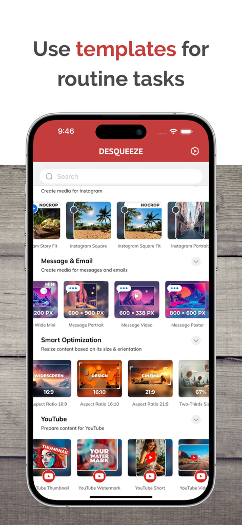 Desqueeze - Batch Resizer - Desqueeze app interface showing social media resizing templates for Instagram and YouTube