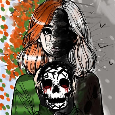 realistic girl holding a skull