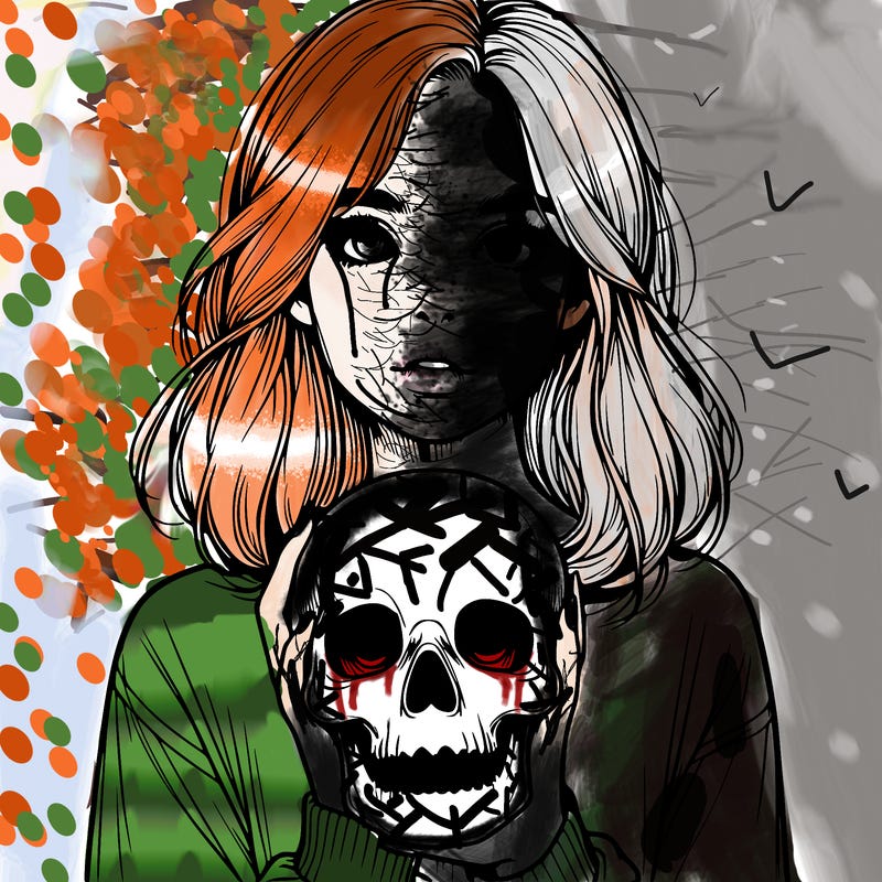 realistic girl holding a skull