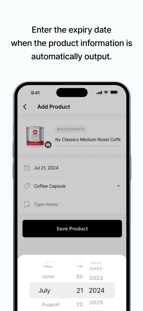 BEEP - Expiry Date Tracking - BEEPアプリのインターフェース。コーヒーの自動製品情報と、賞味期限を設定するための日付ピッカーが表示されています