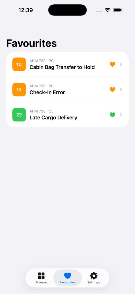 IATA Delay Codes - The favorites screen of the IATA Delay Codes app showing a list of saved aviation delay codes
