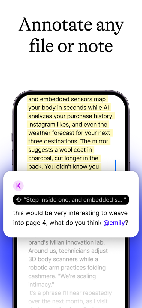 Fabric: AI Notes, Files, Ideas - A screenshot of the Fabric app showing the annotation feature with a highlight and a comment box
