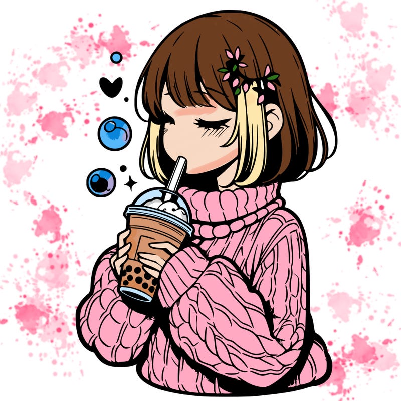 manga girl drinking boba in cozy sweater