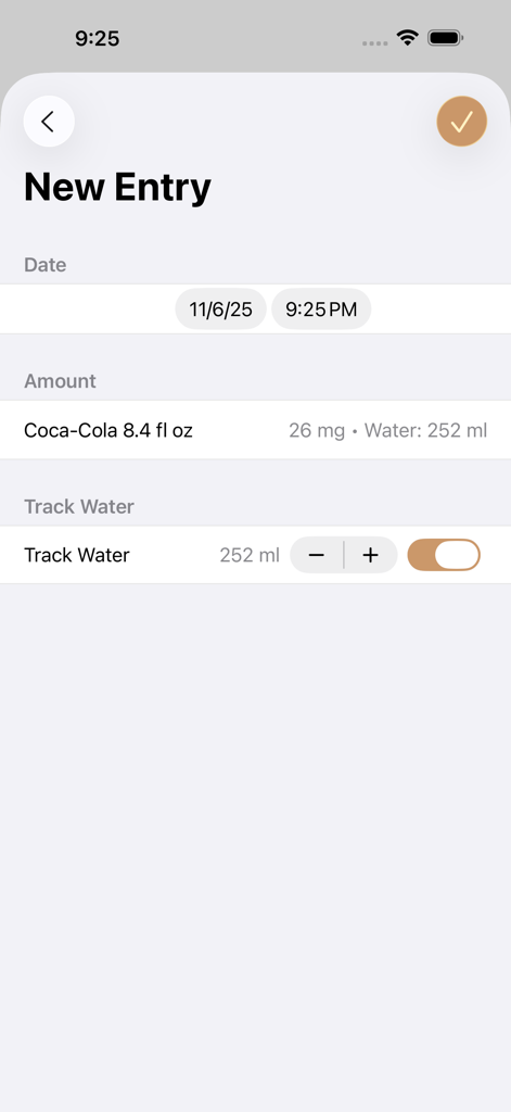 Caffeine App - Track Caffeine - Interface de l'application Caféine montrant l'écran pour ajouter une nouvelle entrée pour une boisson avec les détails de suivi de la caféine et de l'eau.