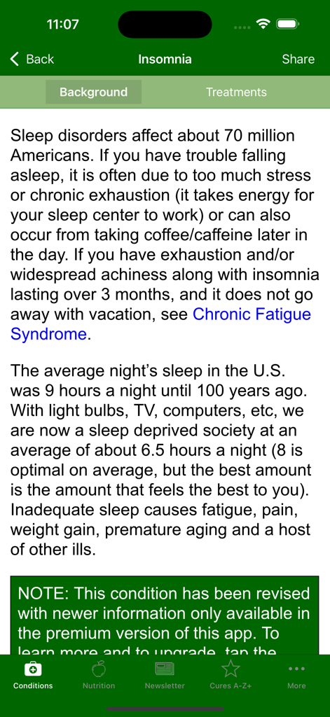 Cures A-Z - Background information page on insomnia in the Cures A-Z health app.