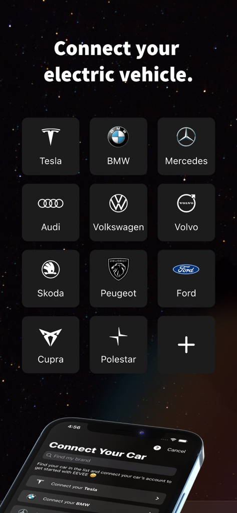EEVEE - Track charging costs - Interface showing supported electric vehicle brands for connection including Tesla BMW and Mercedes-Benz
