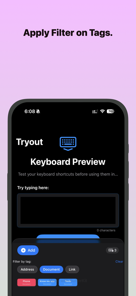 Interfaz de la aplicación Keyboard Clipboard que muestra la función de filtrar por etiqueta para fragmentos de texto organizados.
