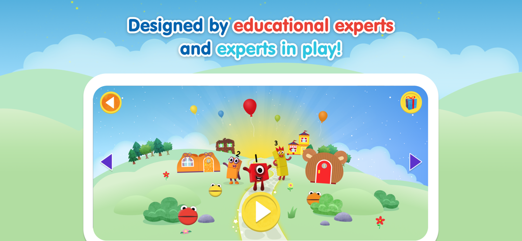Numberblocks World - Pantalla de la aplicación Numberblocks World mostrando personajes en un paisaje con el texto indicando que ha sido diseñada por expertos en educación