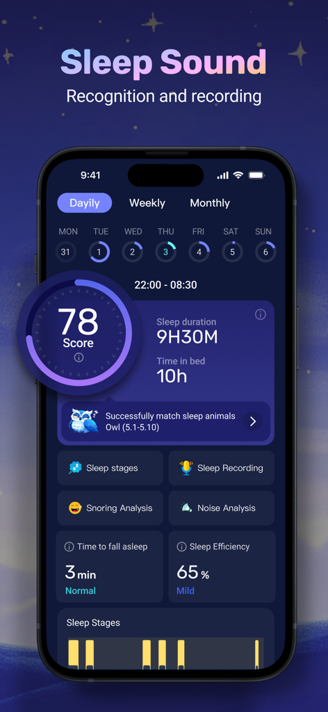 SleepTracker: Record & Improve - SleepTracker-Dashboard, das die tägliche Schlafpunktzahl und Analyse zeigt