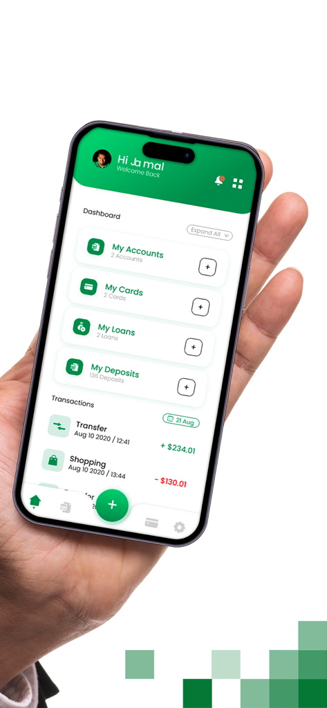 CAB Mobile Banking PS - Dashboard of the Cairo Amman Bank Palestine mobile banking app displaying account categories and transaction history