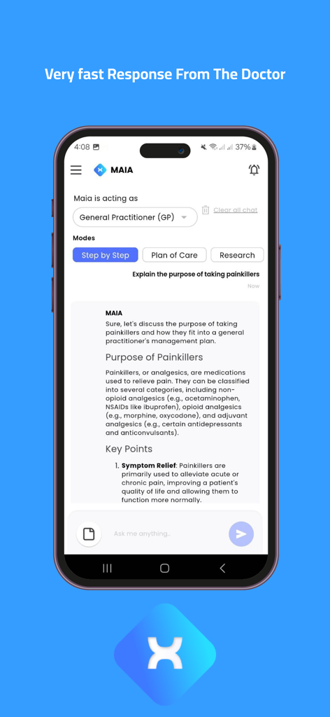 A smartphone showing the MAIA medical AI assistant providing a detailed explanation about painkillers in a chat interface.