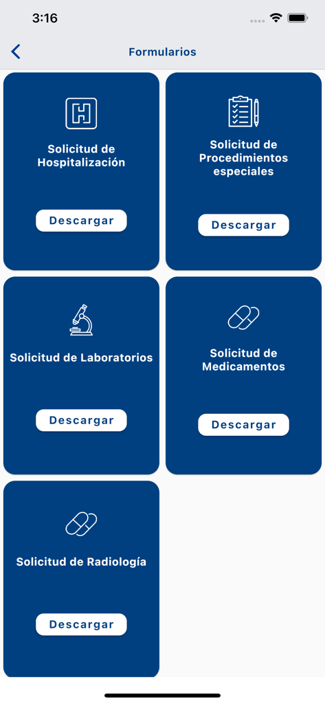 RPN app screen displaying various medical request forms for hospitalization labs and medications with download buttons
