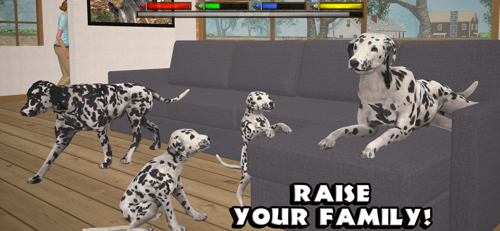 Ultimate Dog Simulator - A family of adult Dalmatians and puppies in a living room with the text Raise Your Family