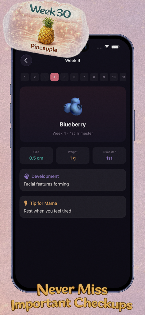 Baby Journey - Pantalla de la aplicación Baby Journey que muestra los hitos del embarazo de la semana 4 y el tamaño del bebé como un arándano.