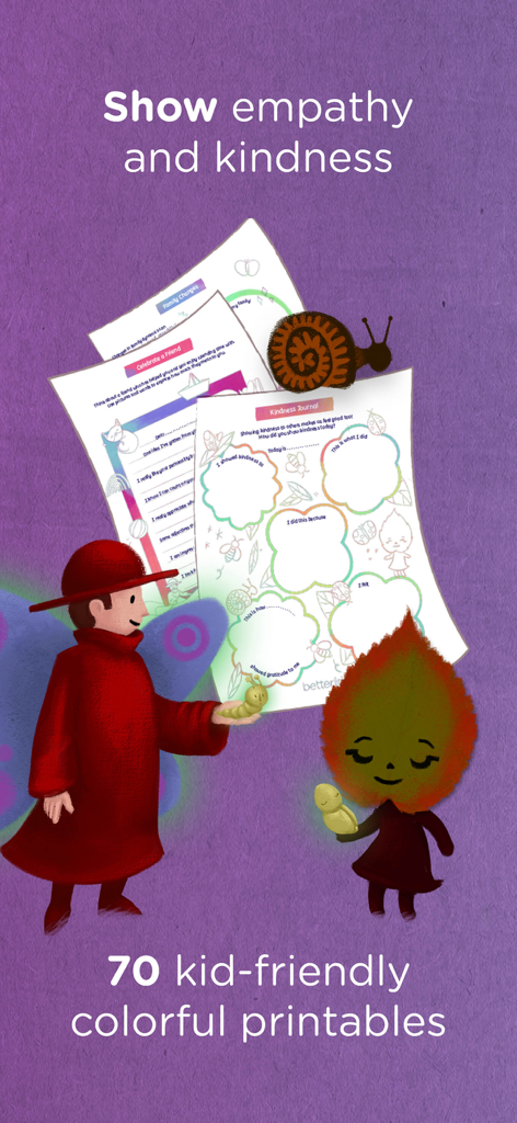 Kid friendly colorful printables and worksheets from the Wisdom app to teach empathy and kindness.